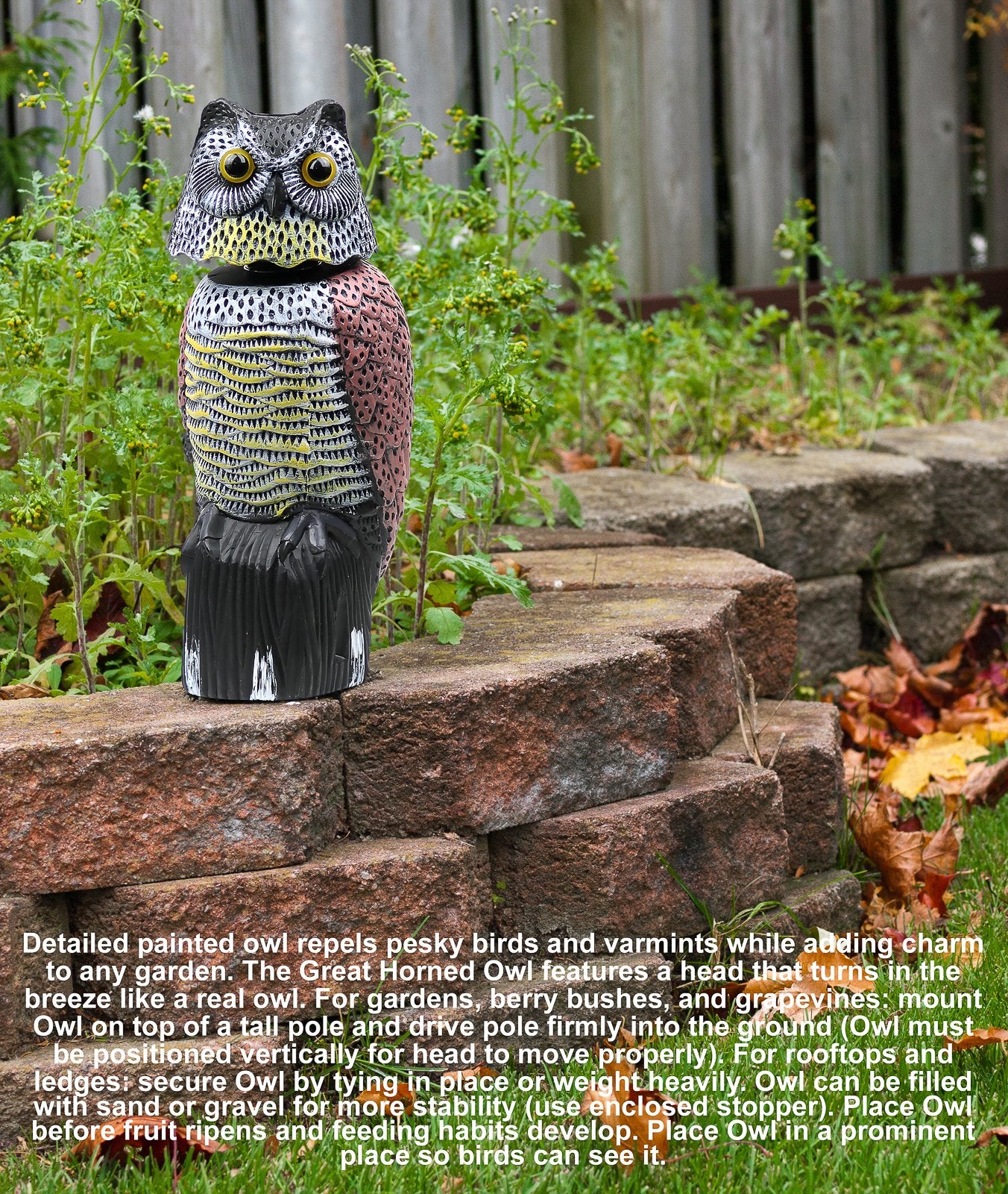 Galashield owl decoy mounted on pole illustrating elevated coverage advantage