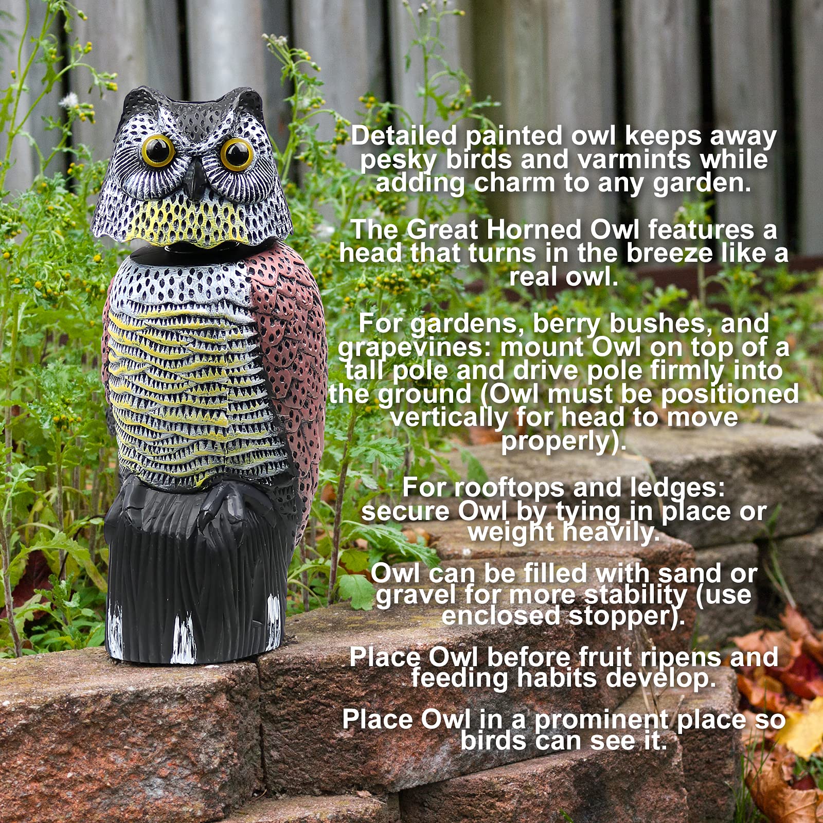 Galashield owl decoy placed in garden near plants illustrating bird protection