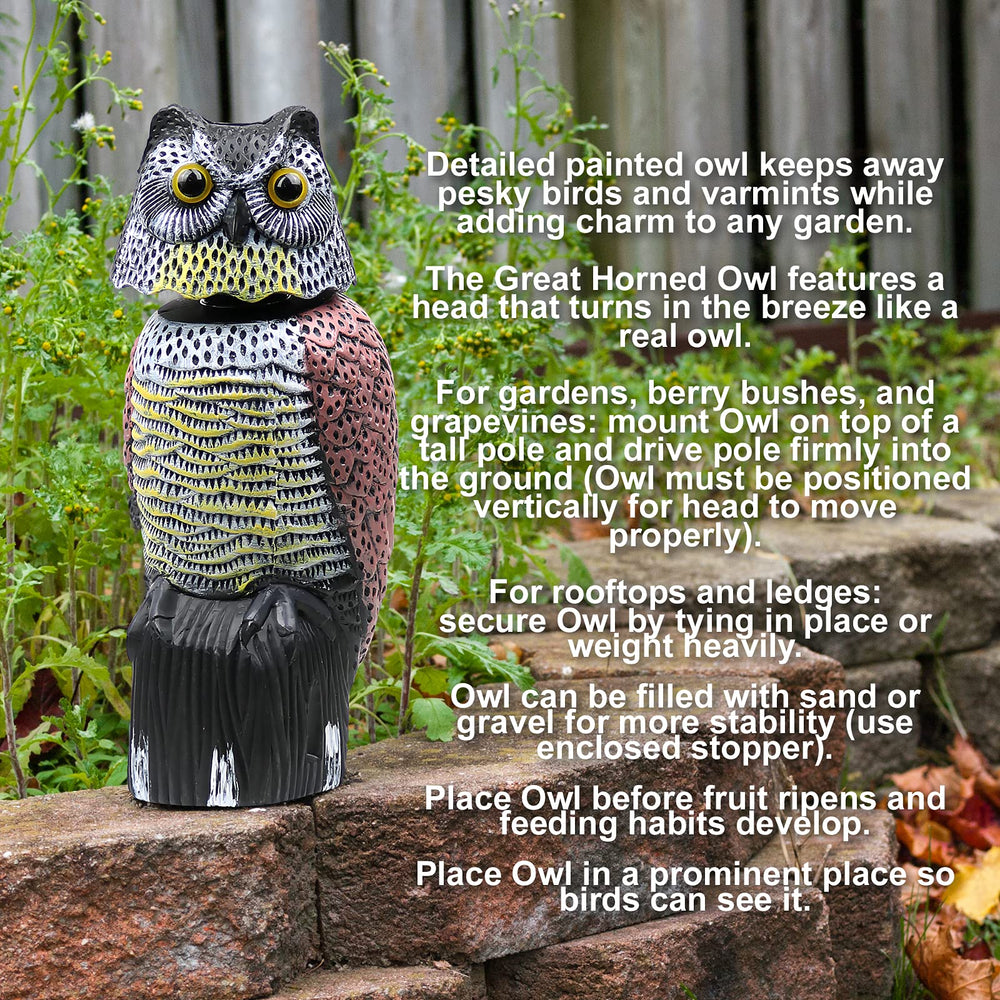 Galashield owl decoy placed in garden near plants illustrating bird protection
