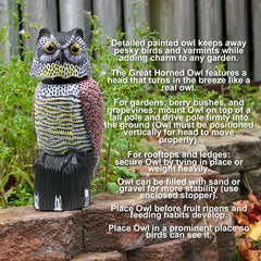 Galashield owl decoy placed in garden near plants illustrating bird protection