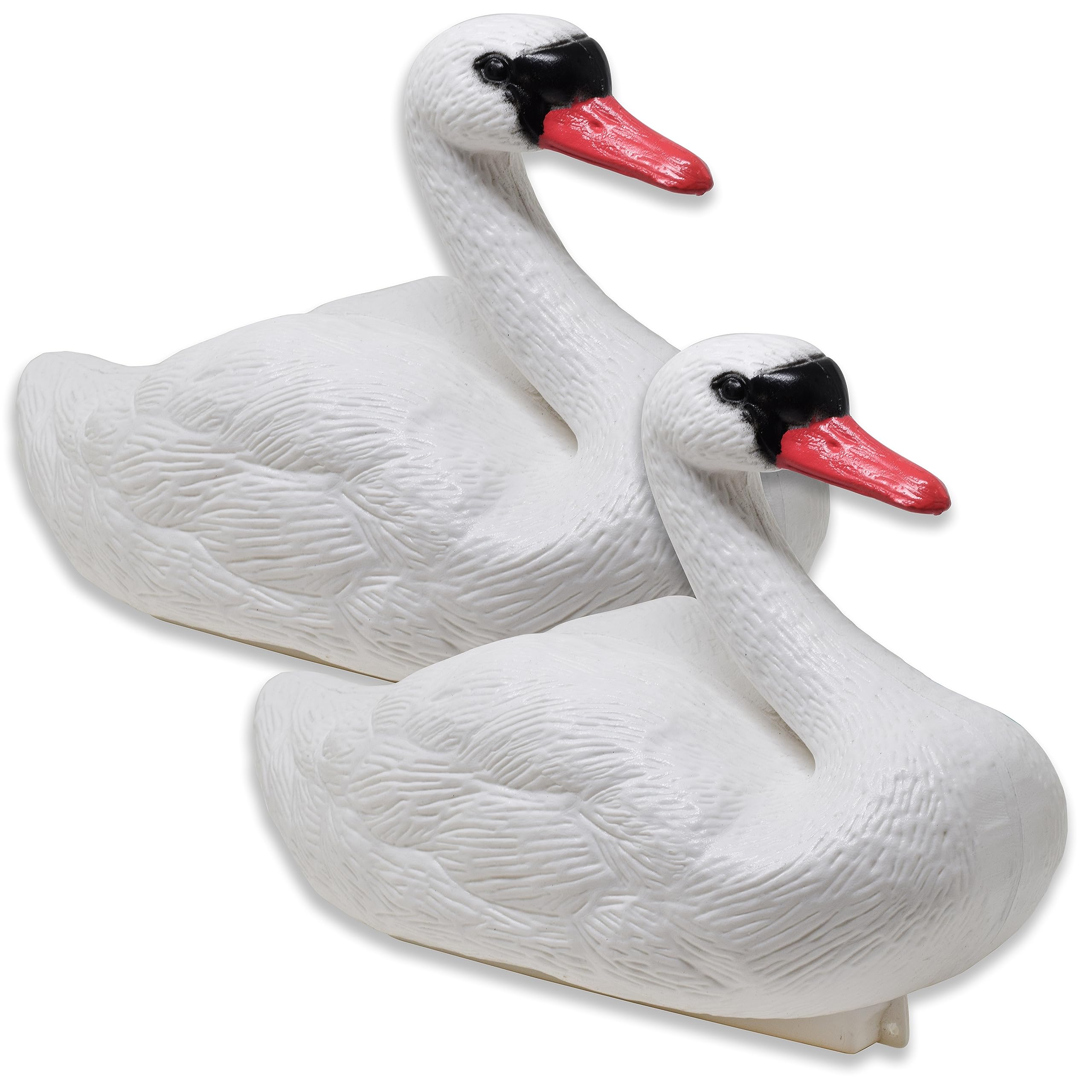 Galashield swan decoy pair on pond creating natural visual barrier to birds