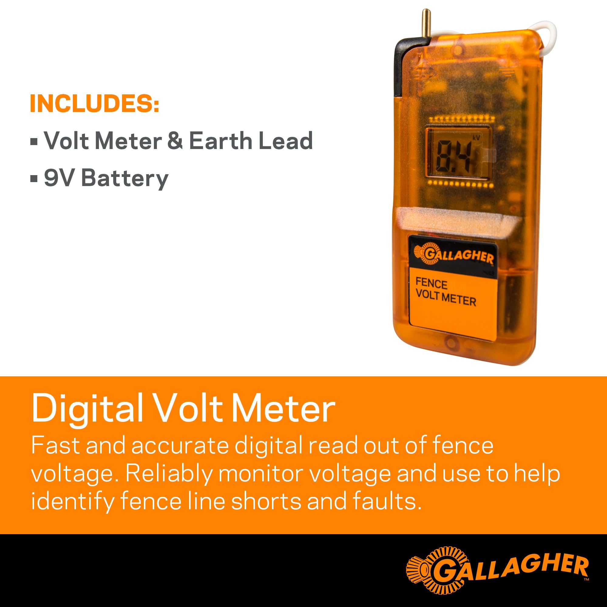 Gallagher close-up of LCD display and fence stud for clear voltage readings