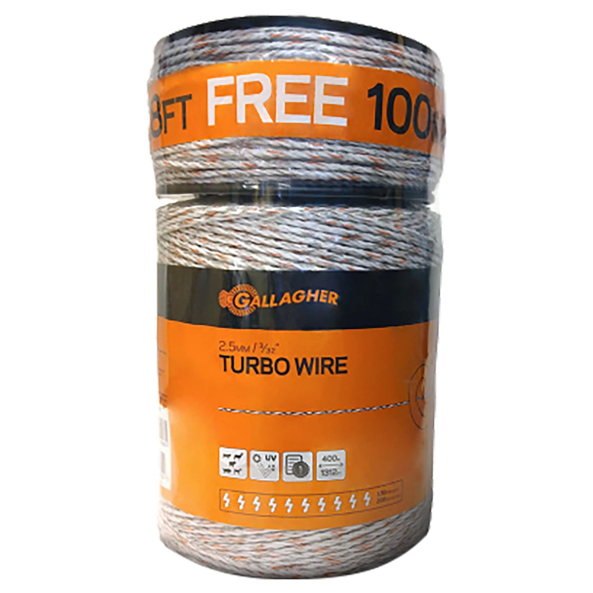 Gallagher front packaging showing turbo wire rolls and free bonus roll benefit