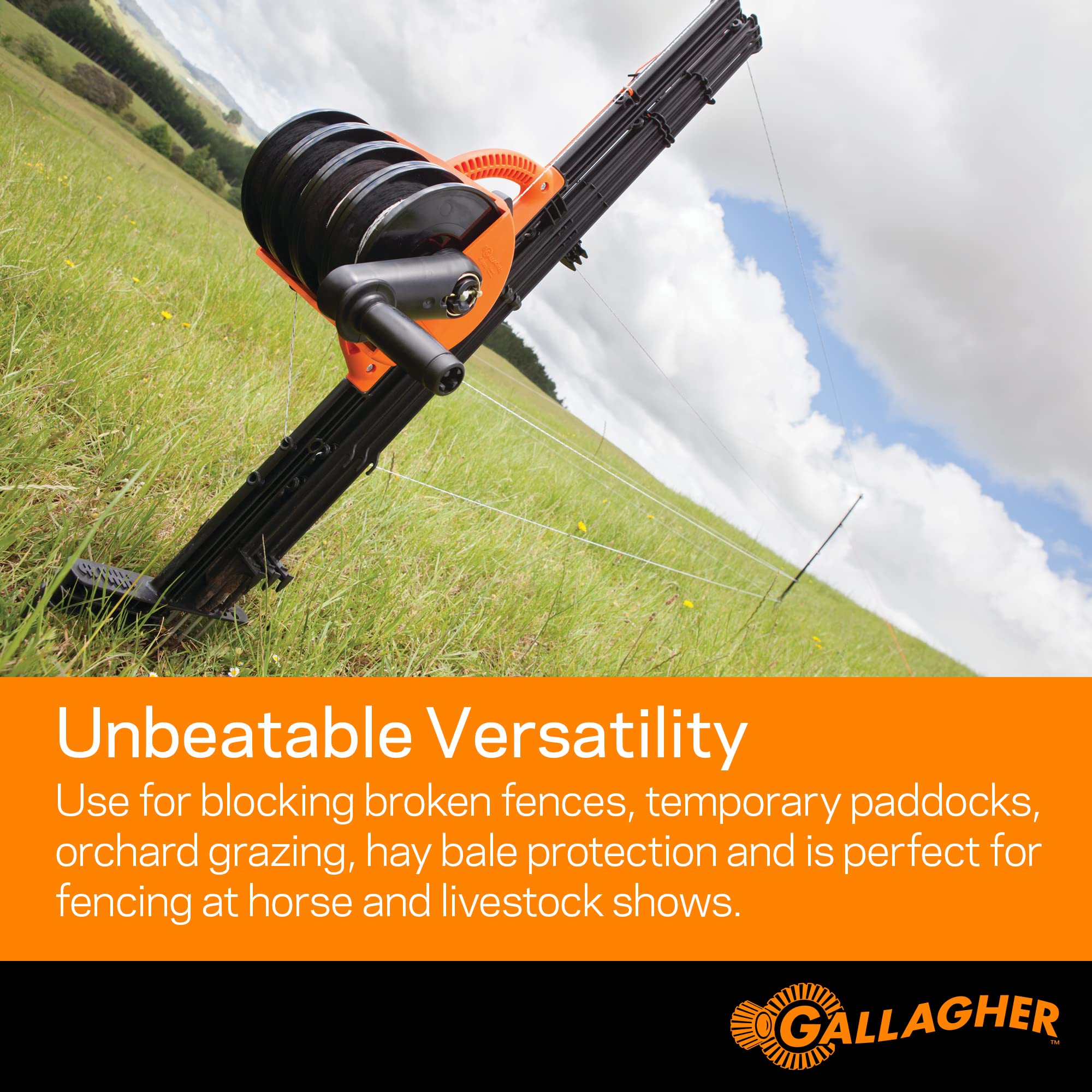 Gallagher scale comparison with hand illustrating lightweight 16-pound portability advantage