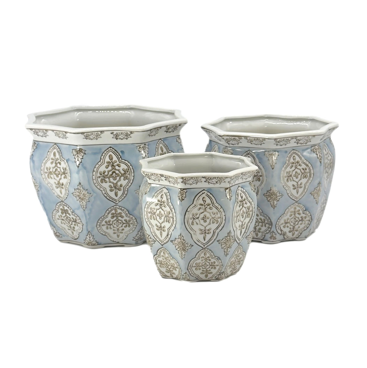 Galt International front view of three fluted planters shows cohesive styling and curb appeal