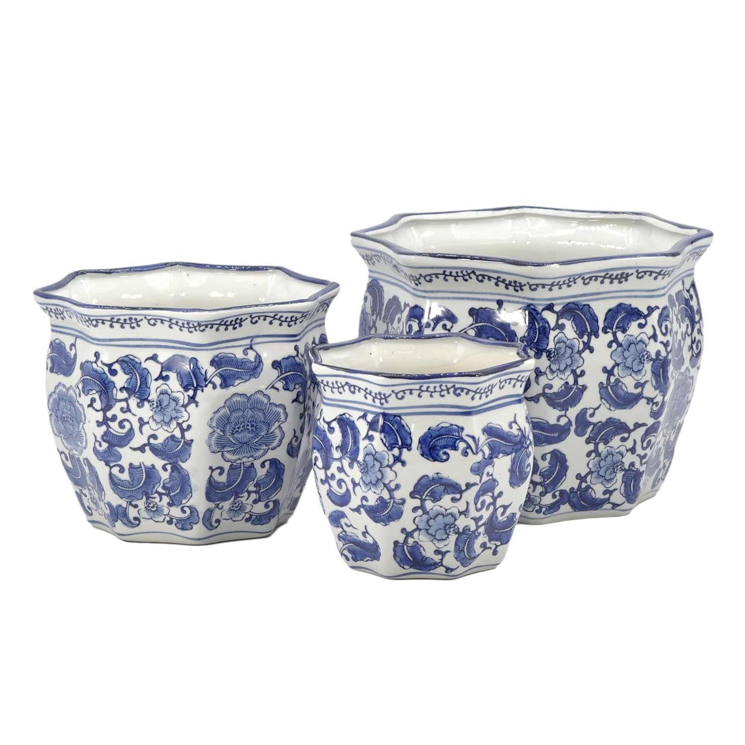 Galt International front view of trio planters showcasing classic blue and white