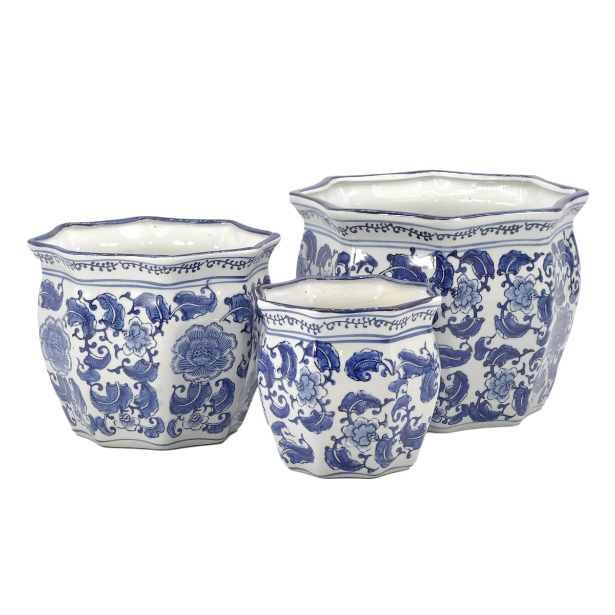 Galt International front view of trio planters showcasing classic blue and white