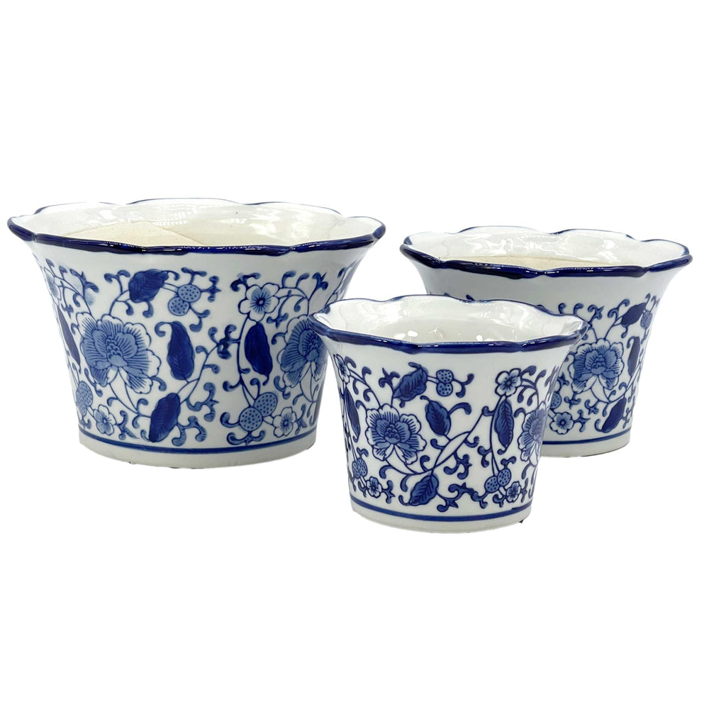Galt International front view of three blue and white porcelain pots showing elegant set