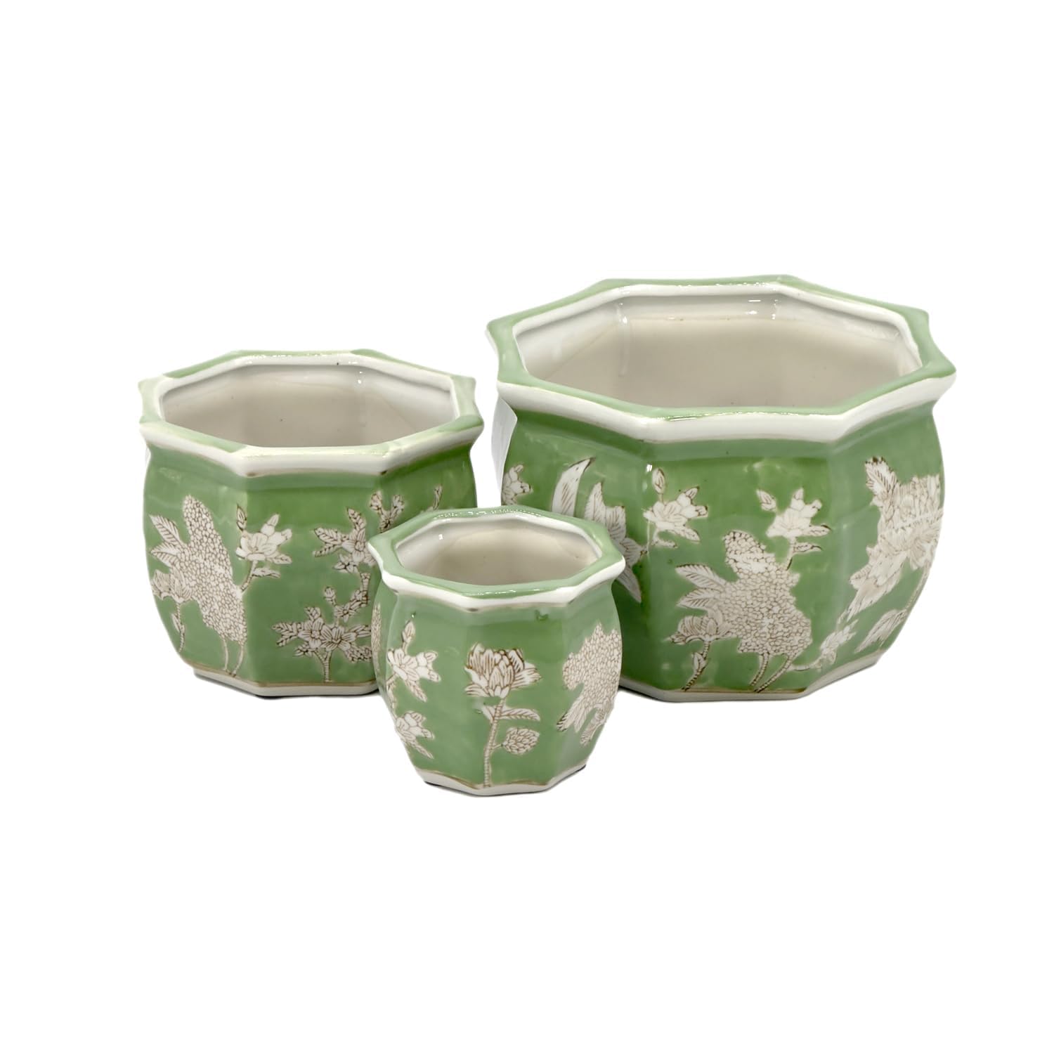 Galt International front view of three green and white porcelain pots, stylish display benefit