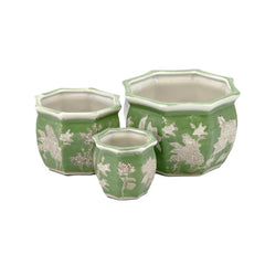 Galt International front view of three green and white porcelain pots, stylish display benefit