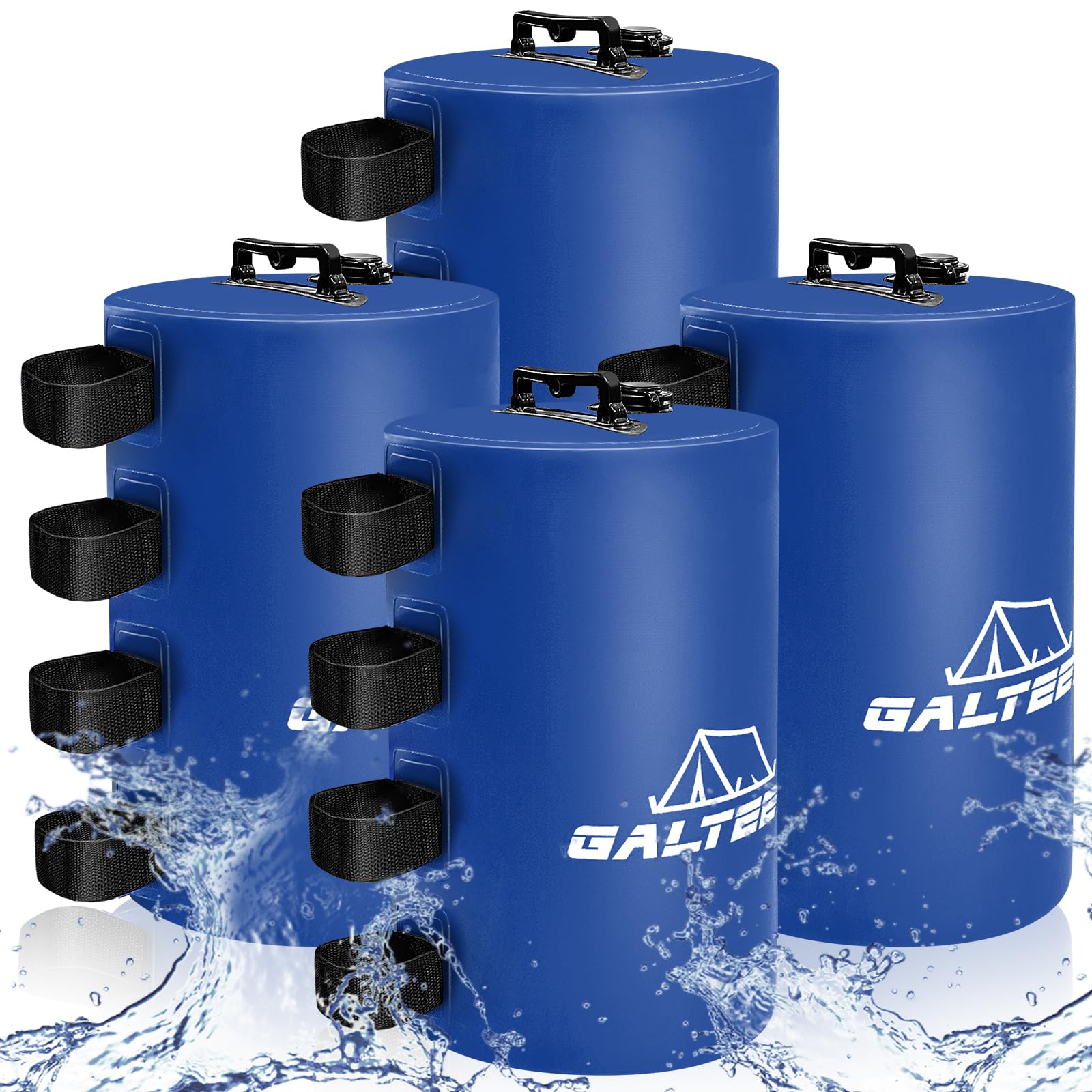 GALTEED front view of four blue canopy weights showing compact set and brand stability