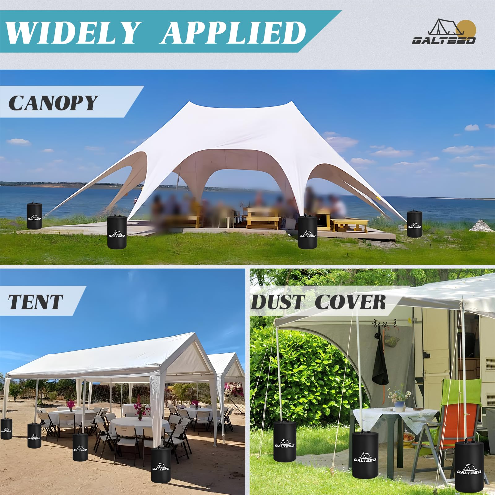 GALTEED canopy at market with weights attached for safe event setup