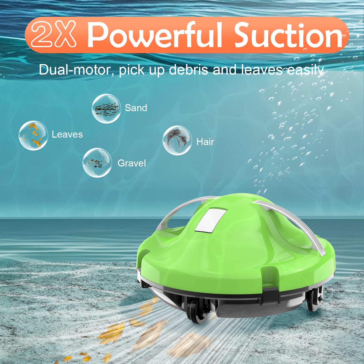 GAMPLAE brush and suction close-up showing dual-motor cleaning power