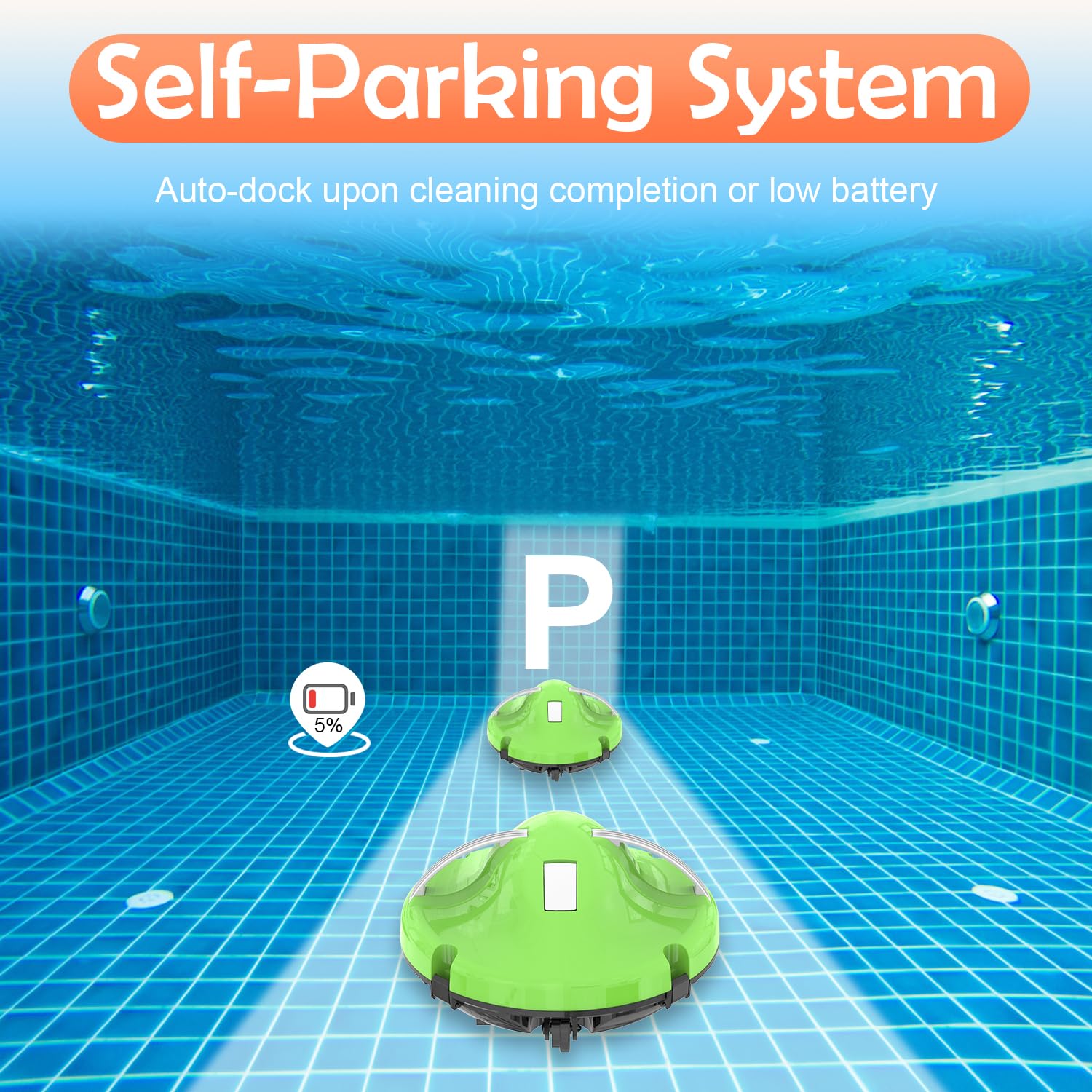 GAMPLAE self-docking at pool edge illustrating automatic parking safety