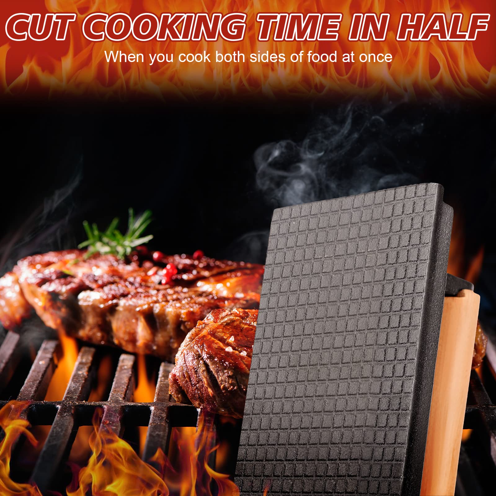 Gandeer press in use on griddle improving sear and reducing cooking time