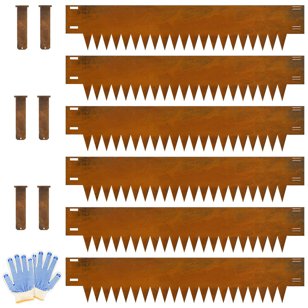 Ganeekiron front view of 6-pack edging showing rust finish and contents benefit