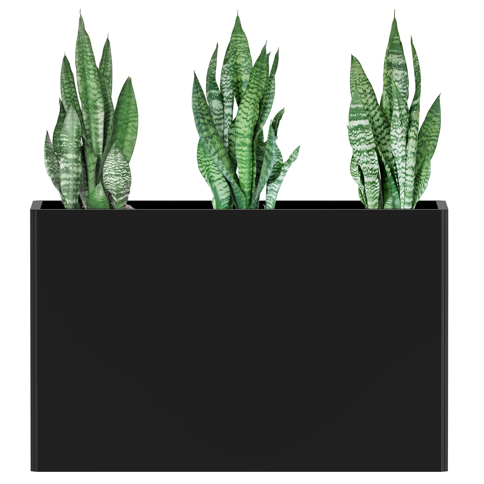 Ganeekiron front view of black steel planter showing modern trough and curb appeal