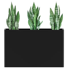 Ganeekiron front view of black steel planter showing modern trough and curb appeal