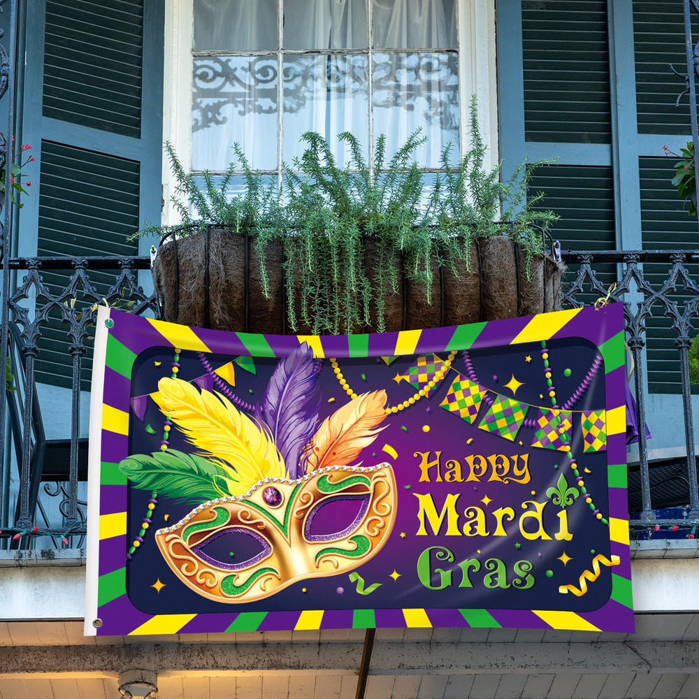 Ganeen flag displayed on a porch creating vibrant Mardi Gras atmosphere for guests