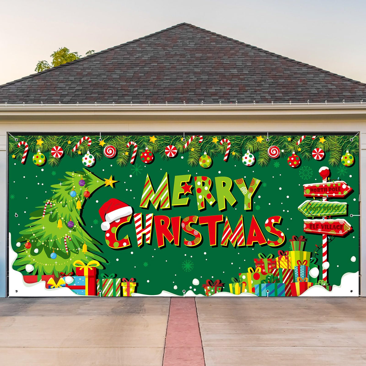 Ganeen front view of garage banner showing festive scene and curb appeal