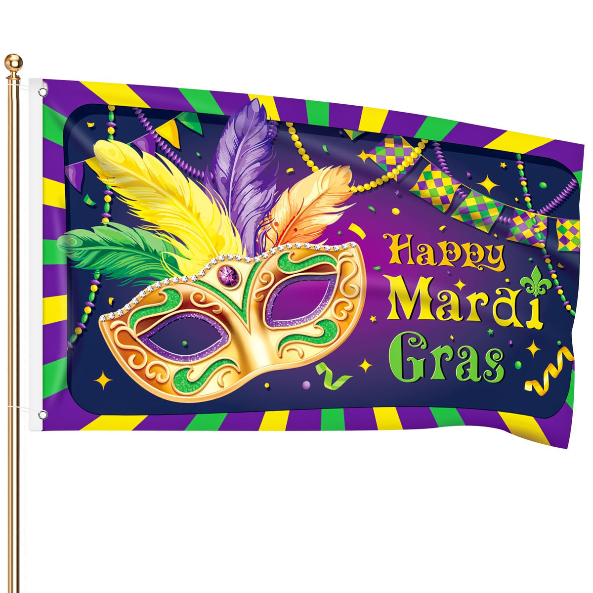 Ganeen front view showing double-sided Mardi Gras mask and beads design for festive curb appeal