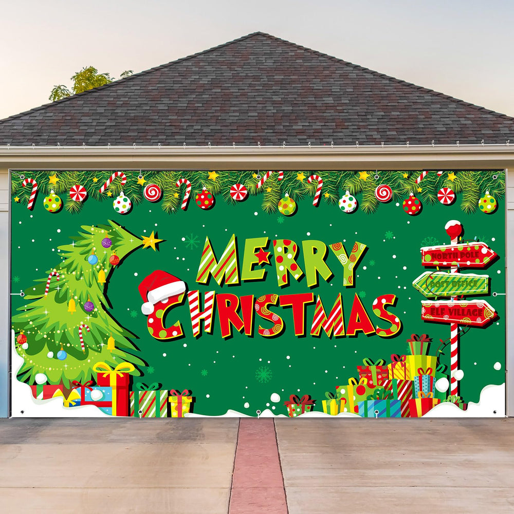 Ganeen front view garage banner showing full festive tree and bright colors for curb appeal
