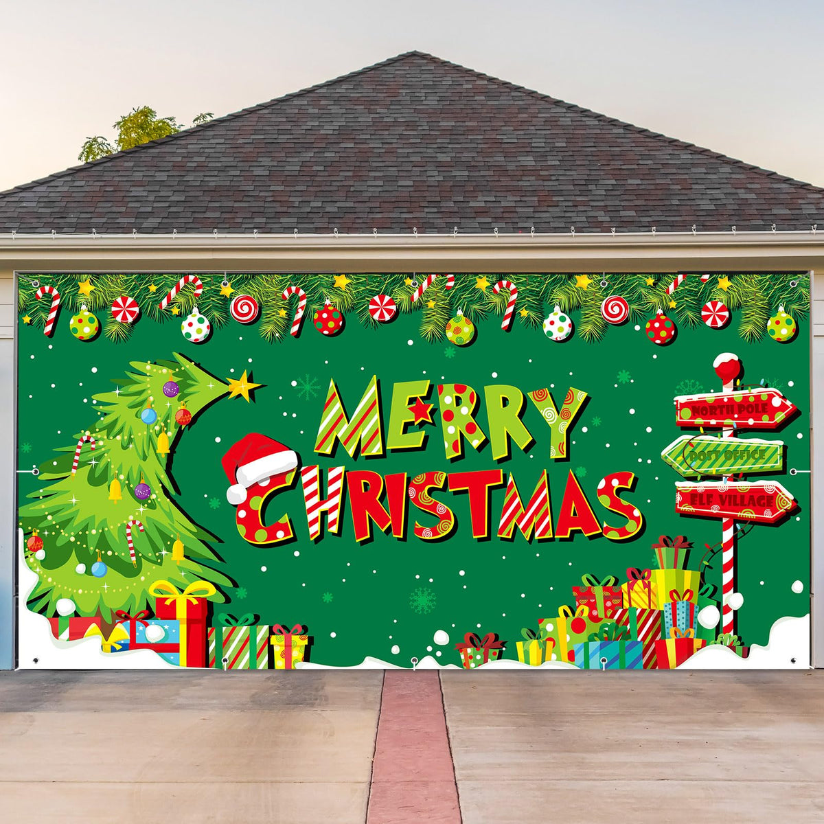 Ganeen front view garage banner showing full festive tree and bright colors for curb appeal