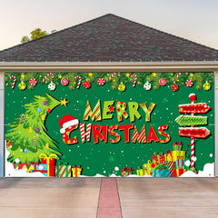 Ganeen front view garage banner showing full festive tree and bright colors for curb appeal