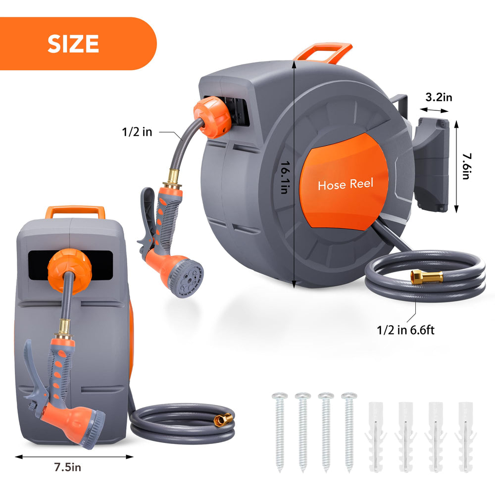 GAOMON reel beside hand for scale showing 72ft capacity and compact footprint