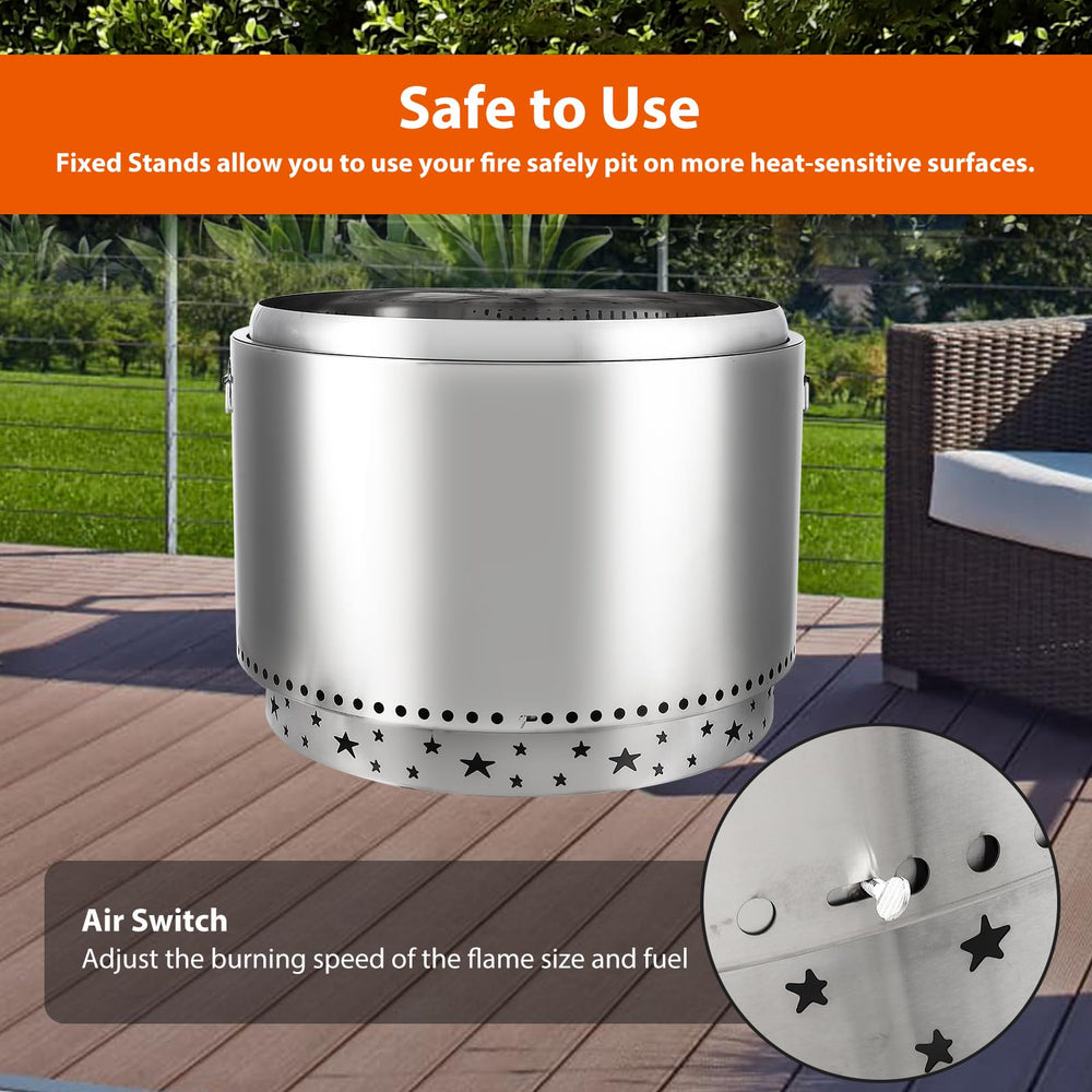 GAOMON fire pit next to folding chair showing 27-inch scale and portability benefit