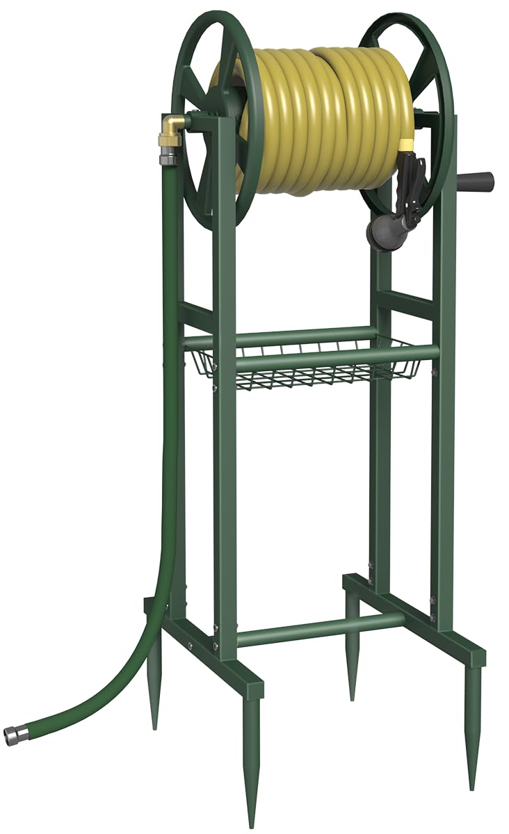 Garbuildman front view of ground-mount reel showing stable design and storage