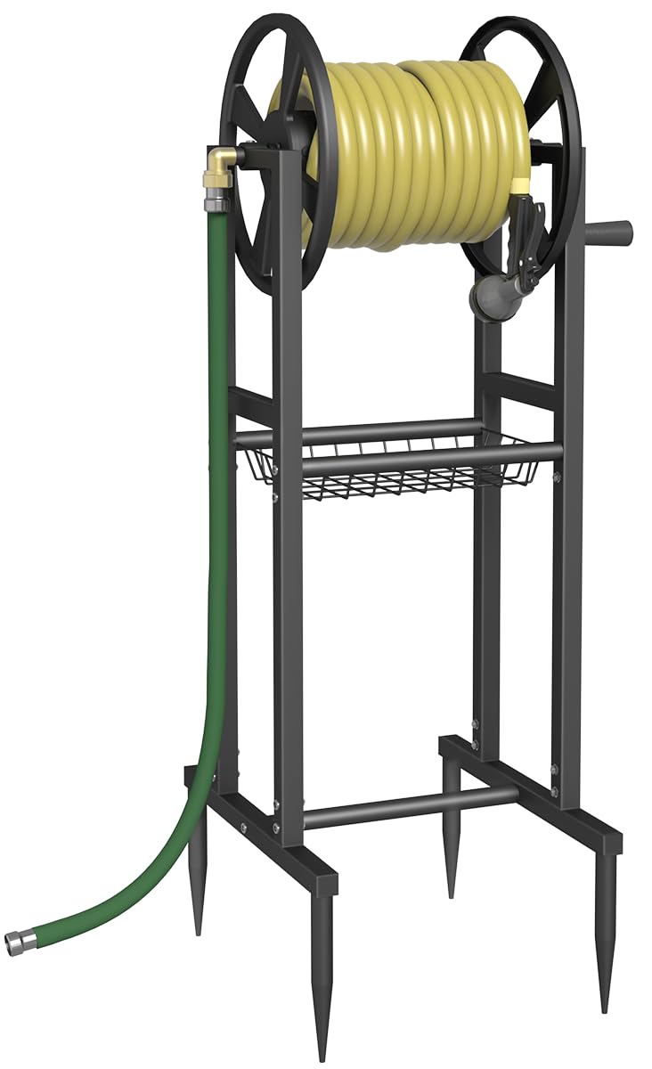 Garbuildman front view showing sturdy reel and tidy hose storage benefit: organized yard