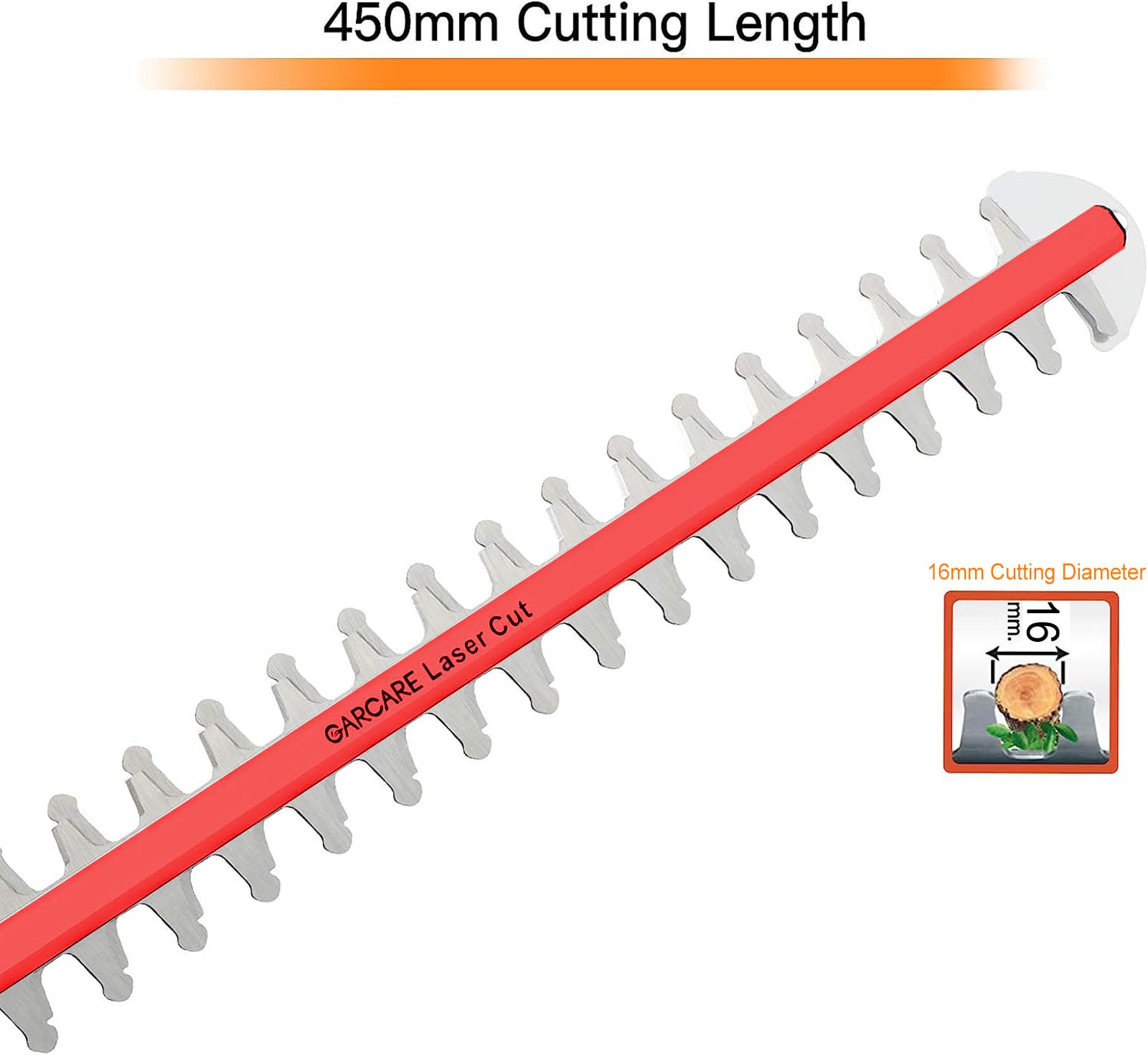 GARCARE extended reach mode trimming a tall hedge for safer ground-level work
