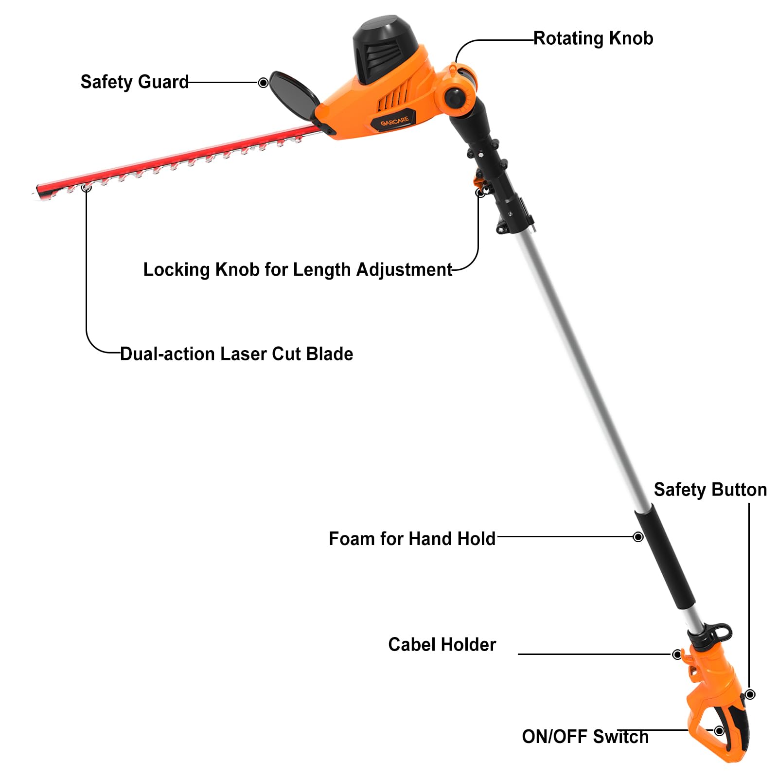 GARCARE extension pole fully extended demonstrating increased reach