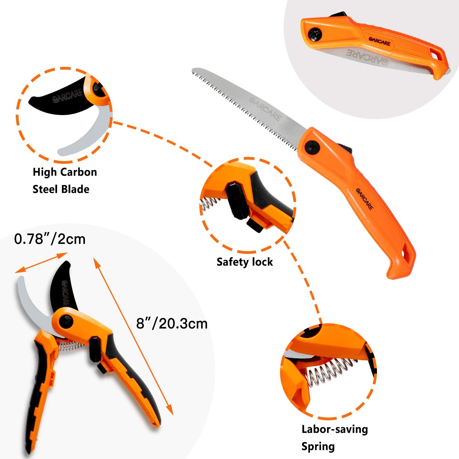 GARCARE folding saw open, 160mm blade for compact, powerful cutting
