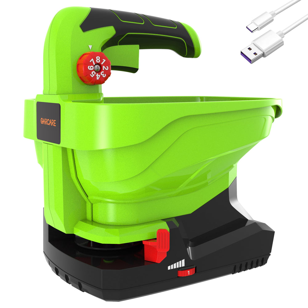 GARCARE front view showing 3.3L hopper and ergonomic handle for efficient yard work