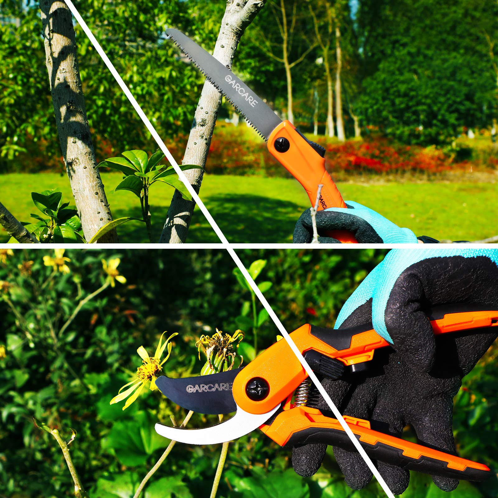 GARCARE gardener using tools in yard demonstrating efficient maintenance