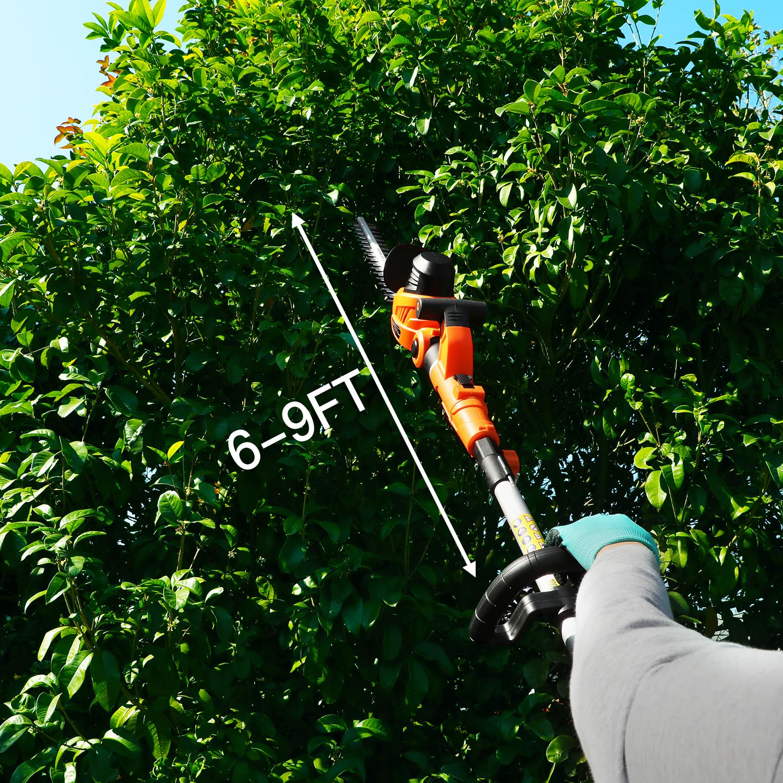 GARCARE in-use trimming a tall hedge demonstrating ladder-free reach and control