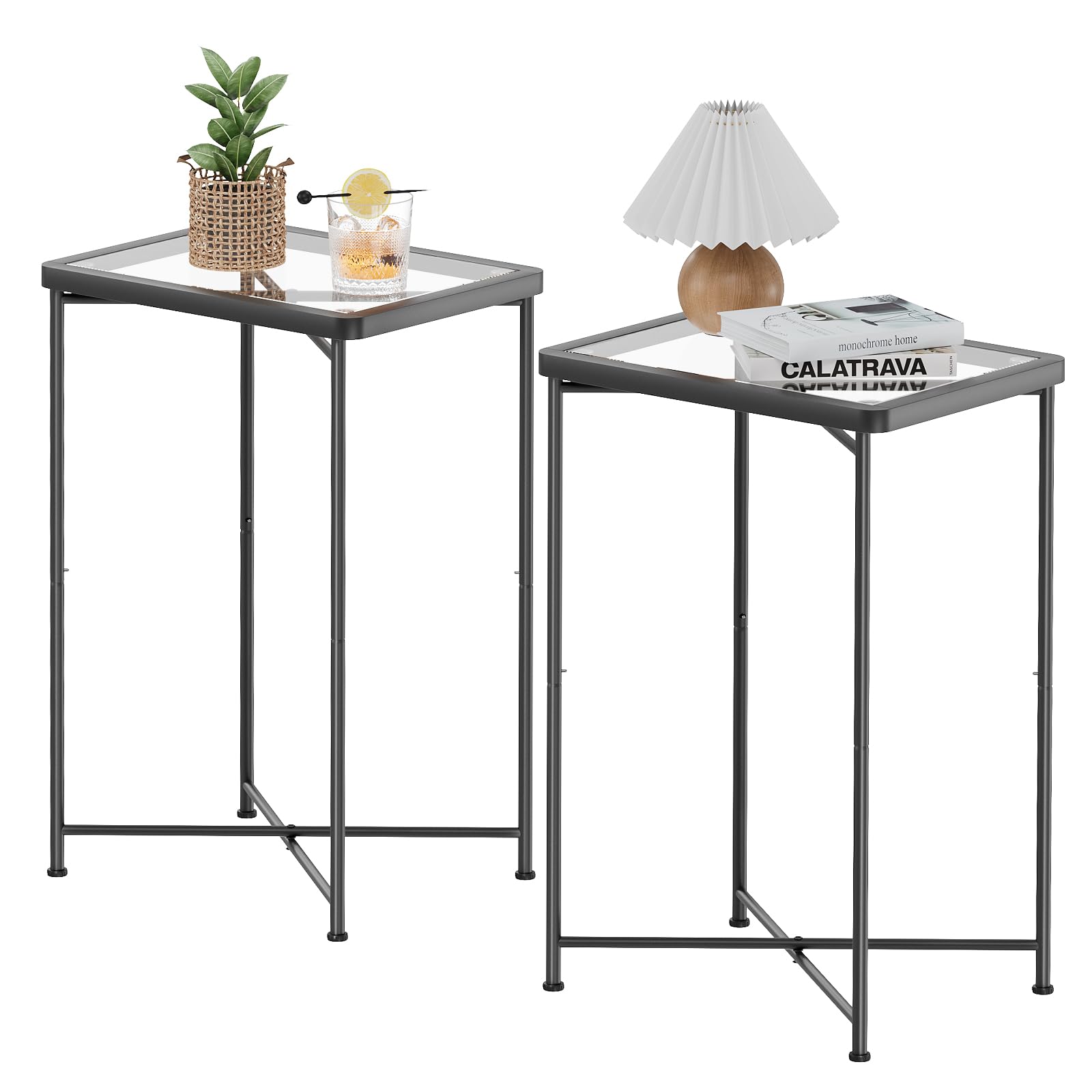 Garden 4 you front view of two black glass side tables showing compact design and coordinated look