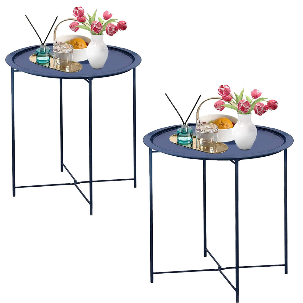 Garden 4 you front view of dark blue round end table showing compact design and easy placement