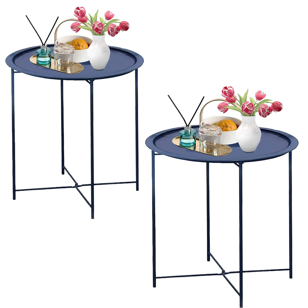 Garden 4 you front view of dark blue round end table showing compact design and easy placement