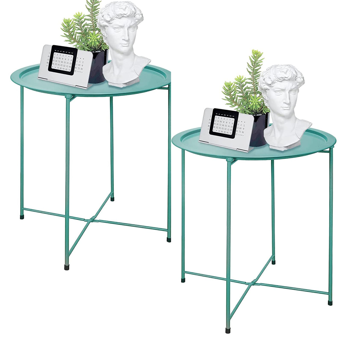 Garden 4 you front view pair showing compact green side tables and quick setup benefit