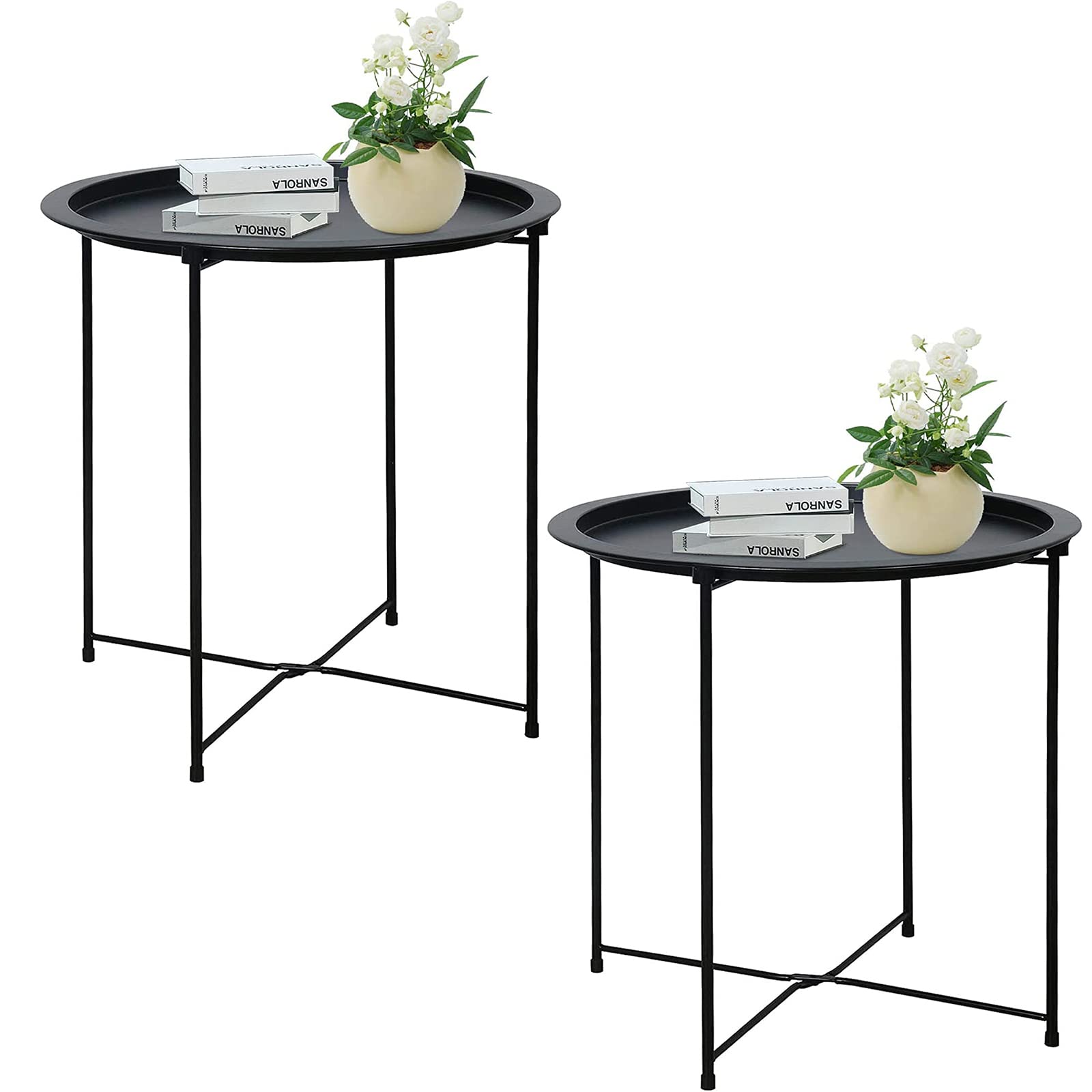 Garden 4 you front view of two black folding end tables showing compact design and convenience