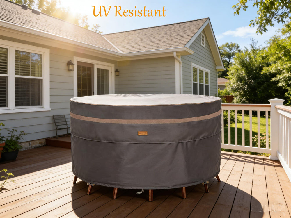 Garden Balsam cover installed over table and chairs, keeping furniture clean