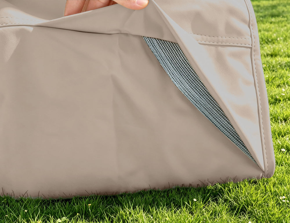 Garden Balsam drawstring cord lock at hem, secures cover against wind