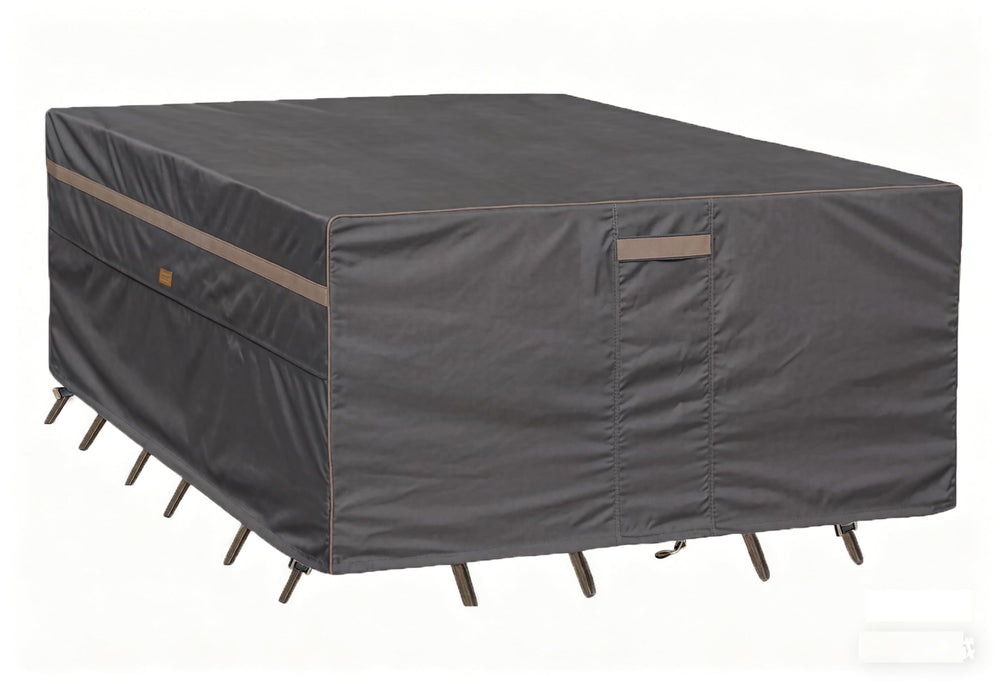 Garden Balsam front view of dark grey 108-inch table cover protecting set