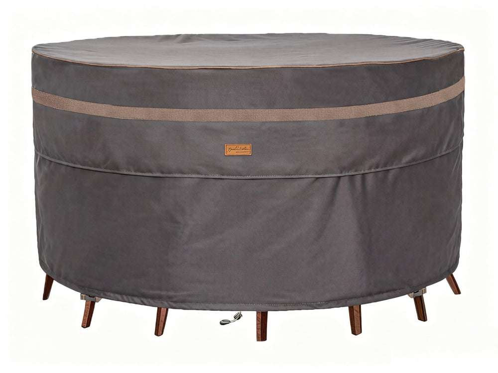 Garden Balsam front view showing full 96" cover protecting round patio table
