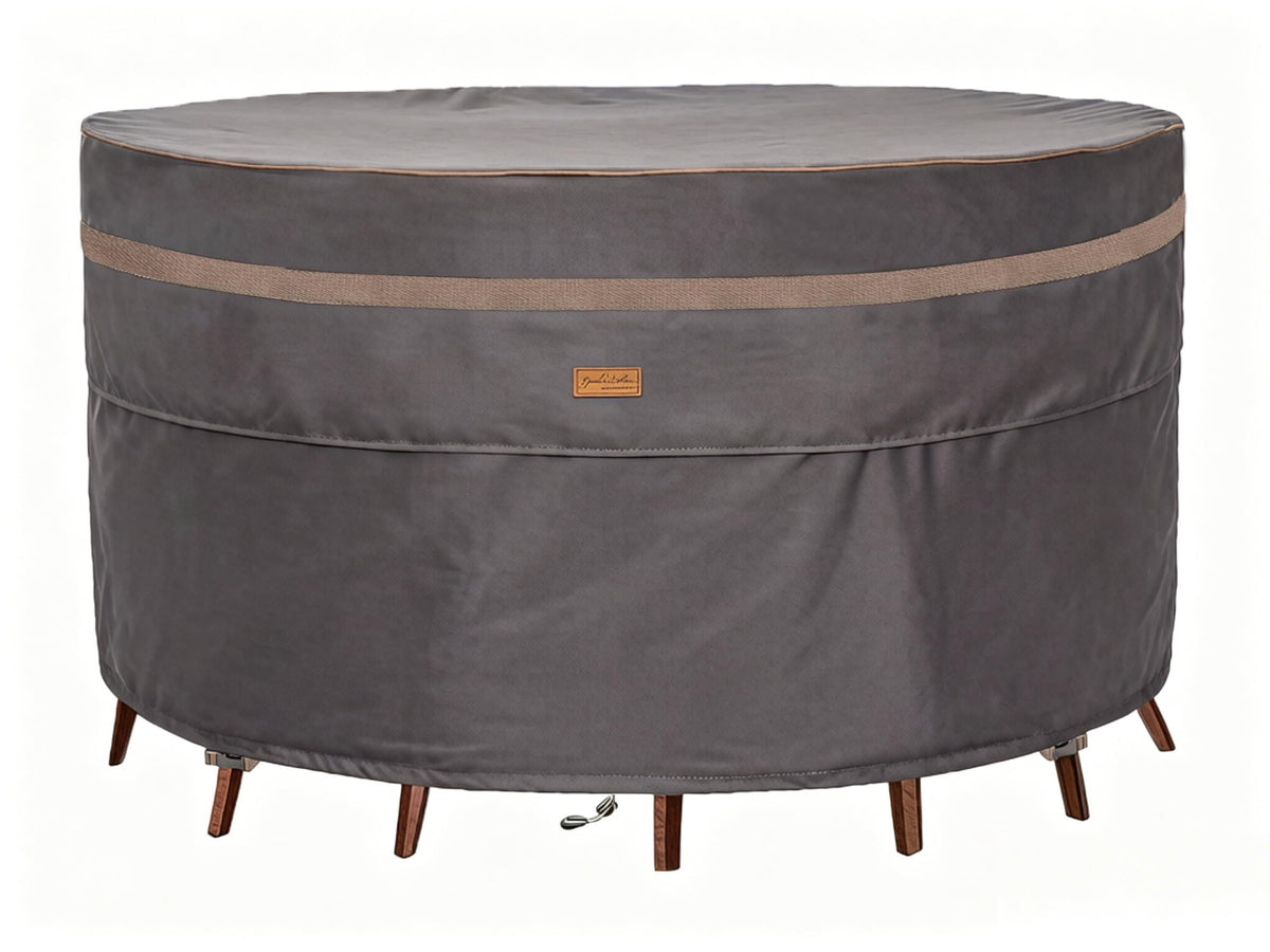 Garden Balsam front view showing full 96" cover protecting round patio table