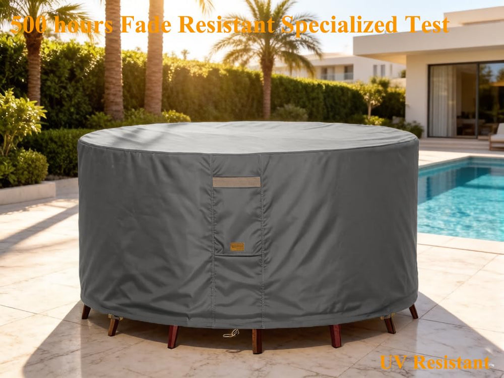 Garden Balsam cover installed on round patio table demonstrating full coverage benefit