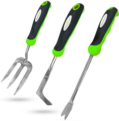 Garden Guru front view of three tools showing durable stainless steel benefit